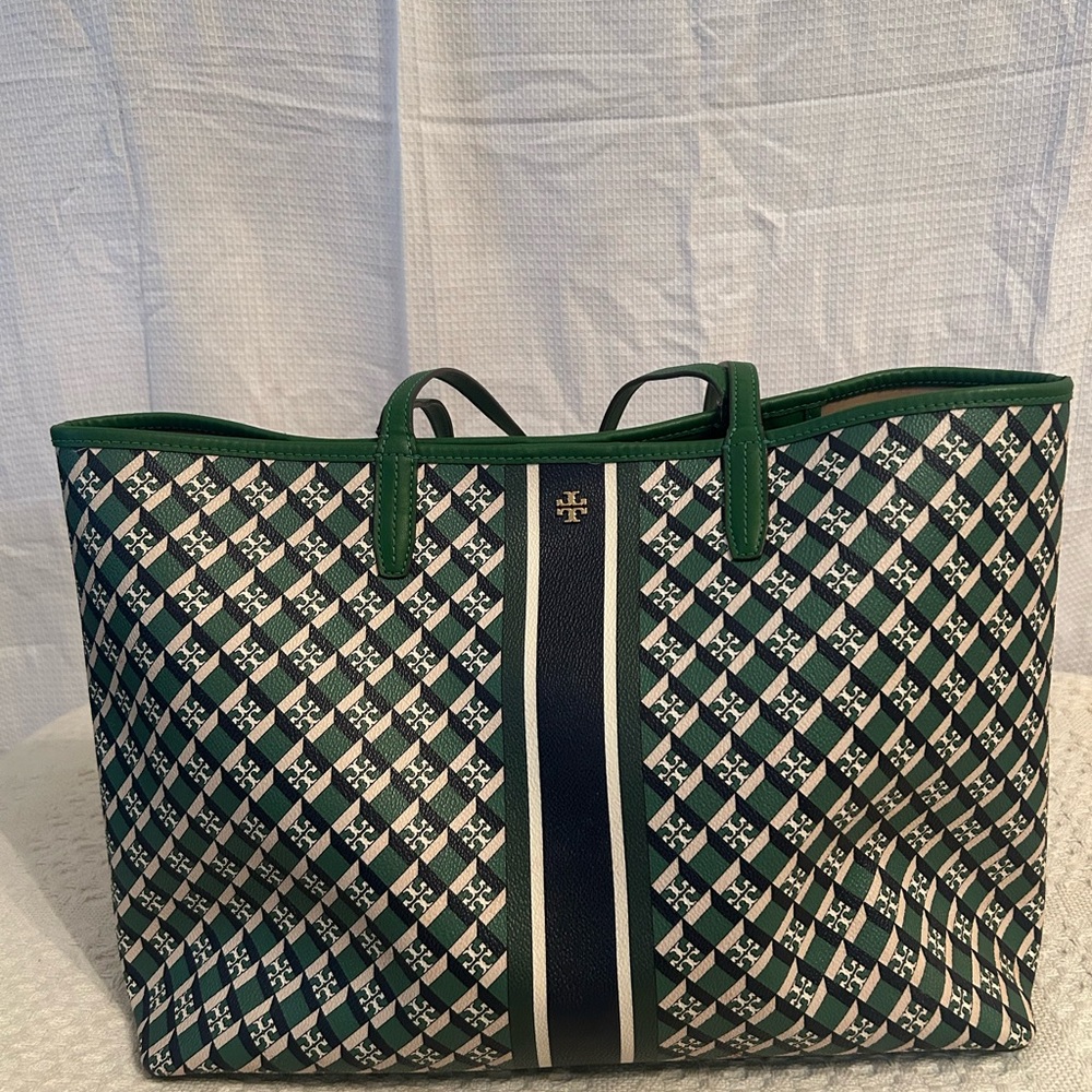 Tory Burch Green Navy Cream Geometric Print Tote